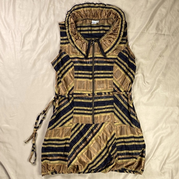 Ruffle Collar Sleeveless Striped Statement Top Black Brown Size Medium Bold Chic - Picture 2 of 10